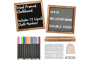 YZ&LIANGYUAN 10" x 10" Double Sided Chalkboard Sign with Stand, Small Chalk Board Blackboard Wood Frame Felt Letter Board with 12 Chalk Markers and 340 Letters (Brown)