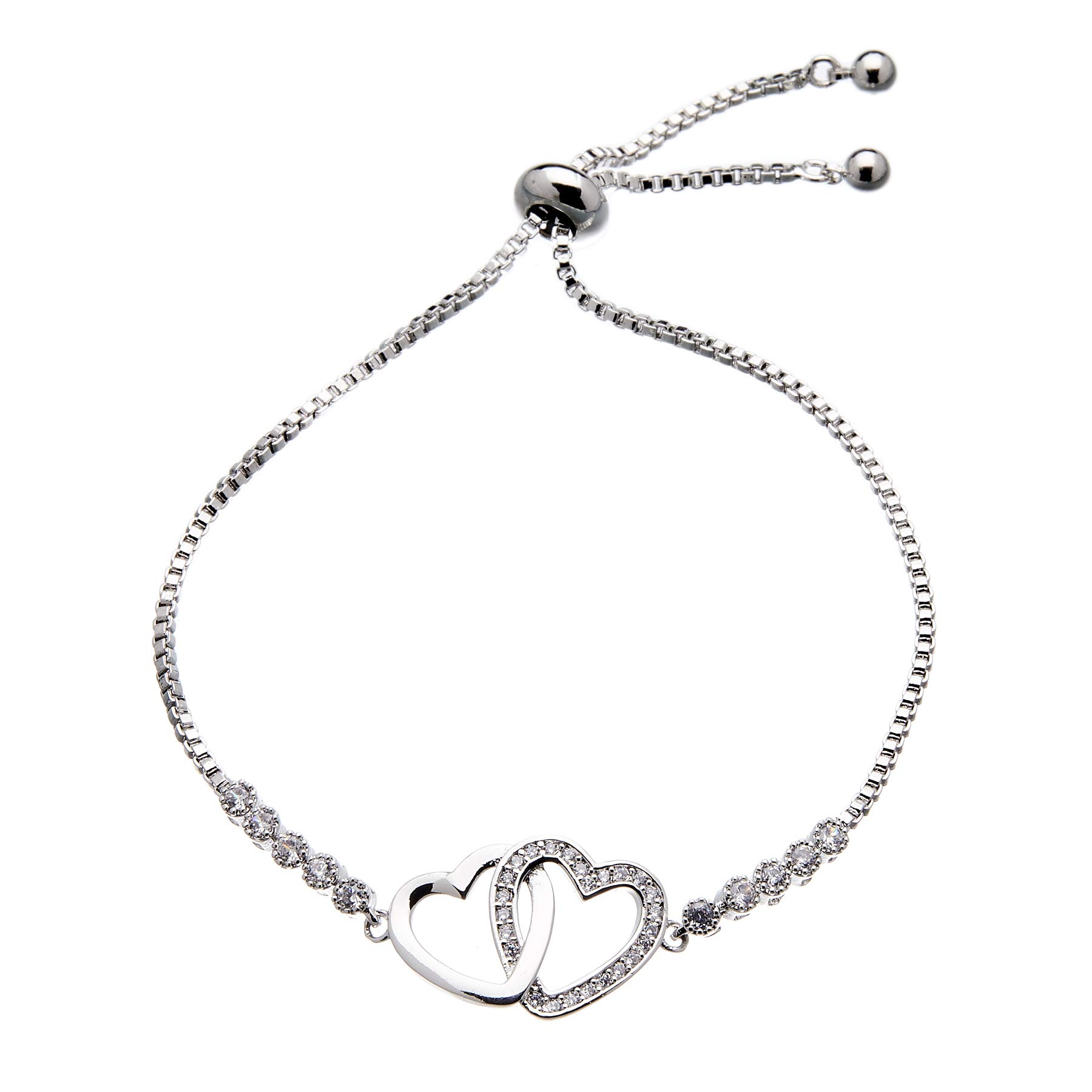 Bello London Silver plated love Bracelet with a double heart and crystals - Neola