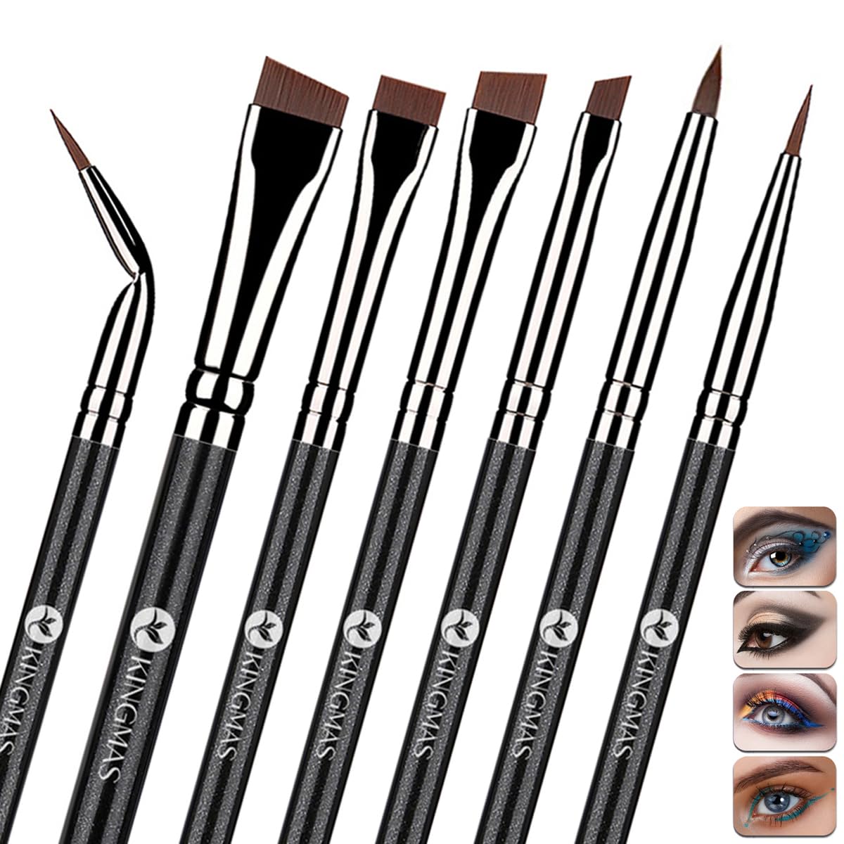 KINGMAS Fine Angled Eyeliner Brush, Premium 7 Pieces Gel Eye Liner Makeup Brushes, Angled Flat Definer Ultra Thin Bent Pencil Point Eyeliner Brushes for Women Girls