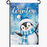 Cryfox Hello Winter Penguins Garden Flags for Outside 12x18 Inch Snow Scenery Welcome Small Yard Flag Double Sided Snowflakes Flags for Outdoor Decorations