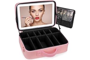 KuMers Plus Size Travel Makeup Bag with Large Lighted Mirror, Makeup Cosmetic Train Case with Detachable Mirror and Light Waterproof Artist Organizer with Adjustable Dividers Gift for Women (Pink)