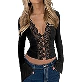 CSDAJIO Women's Long Sleeve Lace Tops for Women Deep V Neck Button Up Open Front Sexy Going Out Slim Fit Shirt