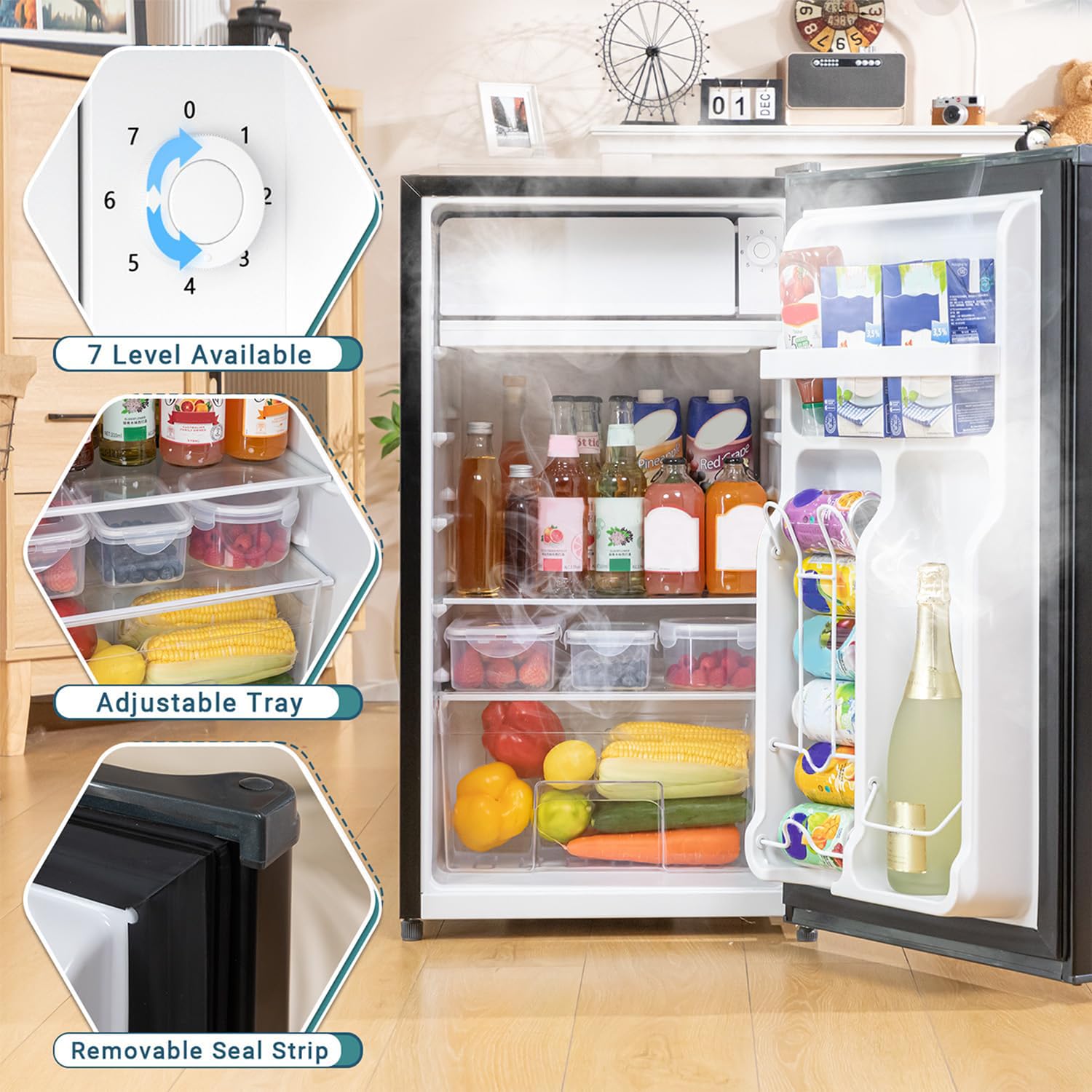 Manastin Mini Fridge with Freezer, 3.2Cu.Ft, Single Door Small Refrigerator, Energy-Efficient, Low Noise, Mini fridge for Bedroom Dorm and Office,Piano Black