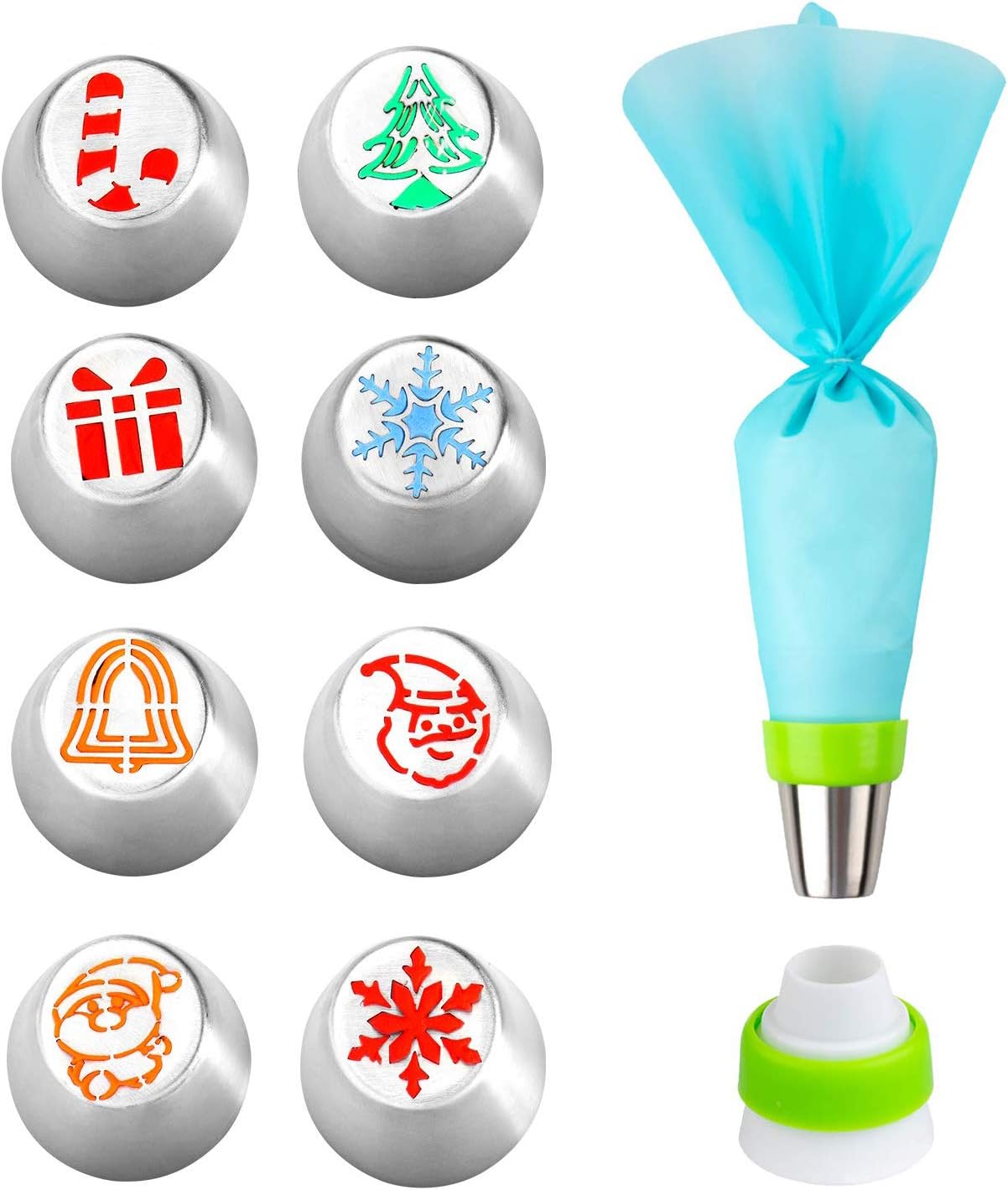 Uooker Russian Icing Piping Tips Pastry Baking Tools Kits Design 10pcs Set for Cakes Cupcakes Decorating Include 8 Pcs Icing Nozzles, 1 Coupler and Pastry Bags