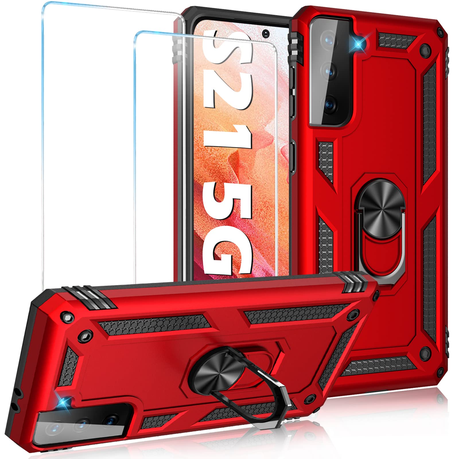 Photo 1 of Case for Samsung Galaxy S21 5G Case Heavy Duty  Hard Armor Military Anti-Fall Bumper Cover for Samsung S21 5G 6.2 2021 Phone Cases with Magnetic Ring Kickstand Red