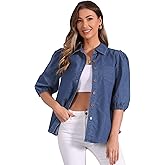 Allegra K Denim Shirt for Women's 3/4 Puff Sleeve Collar Button Down Jean Shirts