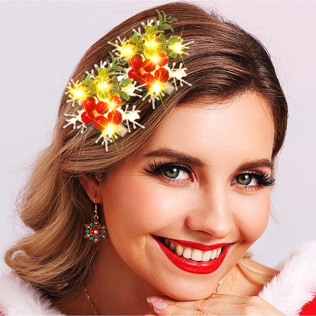 Reaky Light Up Christmas Hair Clips Led Snowflake Hair Clip Red Berry Xmas Clips Hair Accessories for Women