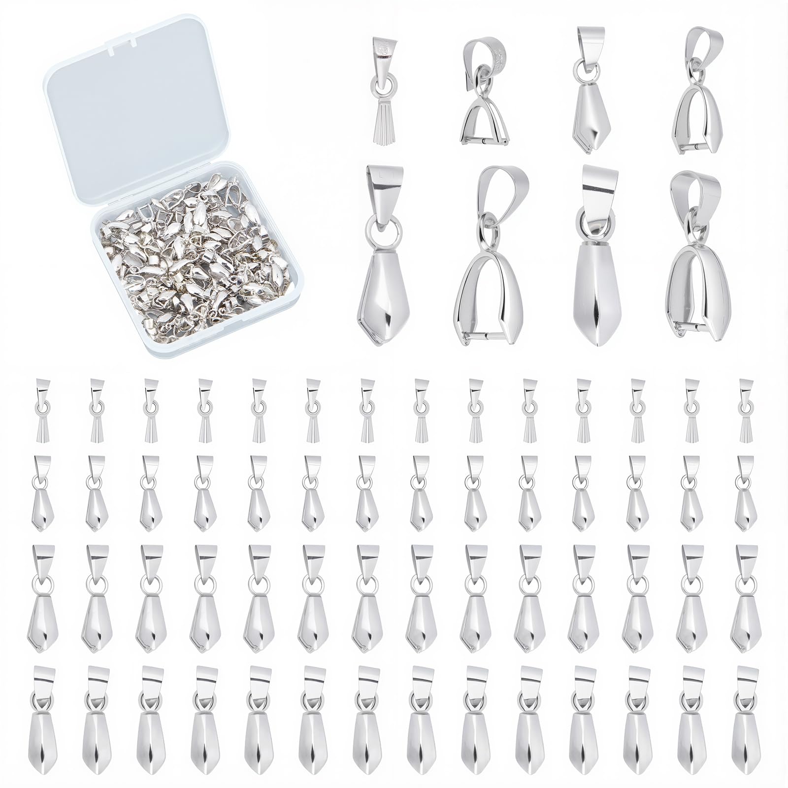 SUNNYCLUE 1 Box 120Pcs 4 Size Brass Pinch Bails Pendants Silver Pinch Clip Bail Clasp Dangle Charm Bead Pendant jewelry making Connectors for Necklace Dangle Charm DIY Craft Making — image 1