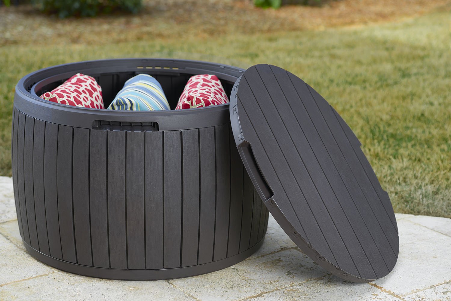 Keter Circa 37 Gallon Round Deck Box, Patio Table for Outdoor Cushion