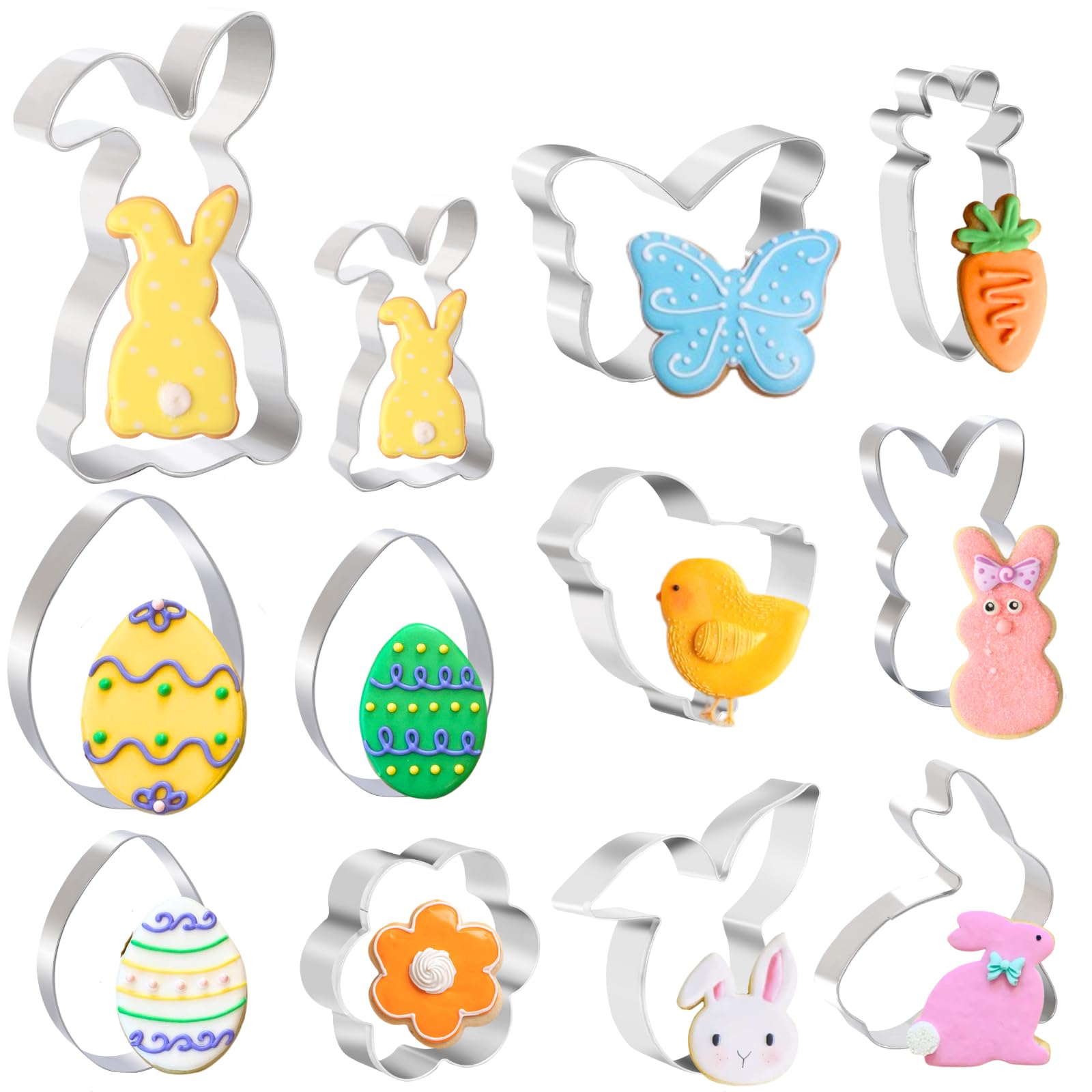 PTaizjjz Easter Cookie Cutters,12PCS Stainless Steel Easter Cutters - Easter Egg,Chick,Butterfly,Flower,Bunny,Rabbit Face,Carrot Biscuit Cutters for Party Baking DIY