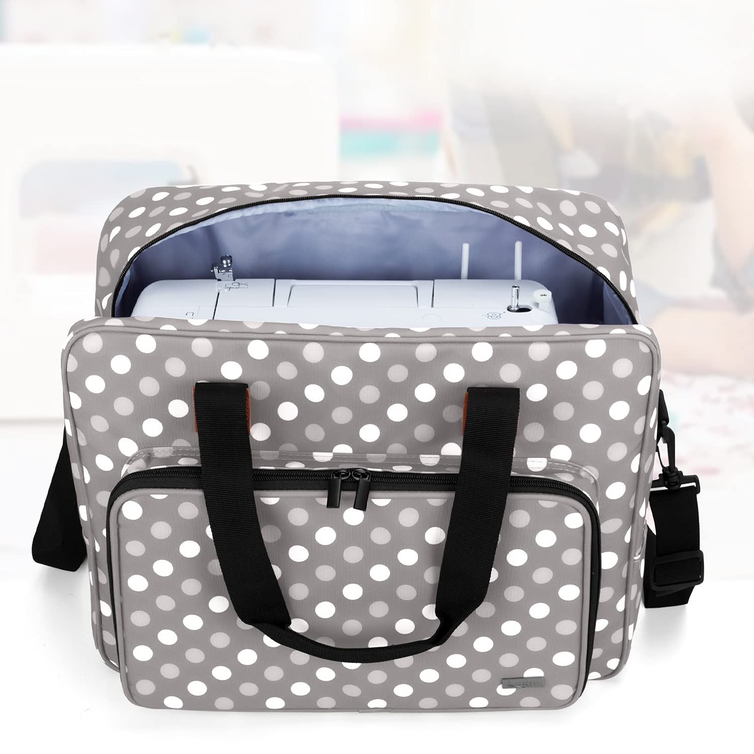 LUXJA Sewing Machine Bag, Portable Tote Bag Compatible with Most Brother, Singer Sewing Machines and Extra Sewing Accessories, Gray Dots