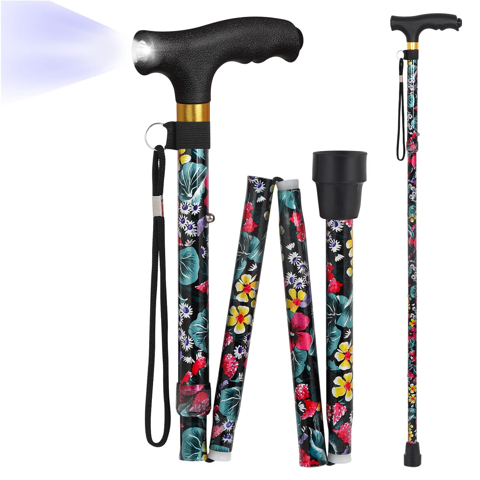JUNRA Walking Cane with LED Light, Folding Cane for Women and Men, Portable Foldable Cane, Collapsible Aluminium Walking Stick, Lightweight and Adjustable Walking Sticks for Seniors Balance