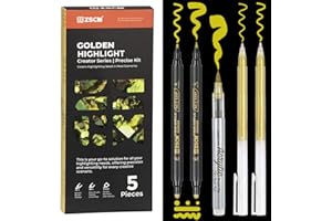 5 Pack Gold Acrylic Ink Pens for Drawing, Fine Point Gold Gel Pens, Brush Tip Markers，Dual-Tip Opaque Acrylic Markers for Bla