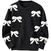 RoseSeek Girl's Bow Graphic Sweaters Crewneck Long Sleeve Knit Pullover Tops Drop Shoulder Knitwear
