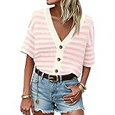 Saodimallsu Womens Short Sleeve Striped Cardigan Sweaters Crochet Knit Button Down Shirts V Neck Spring Summer Tops