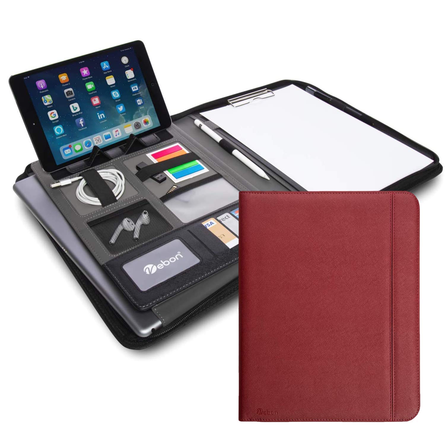 Vebon "London" A4 Conference Folder Made of Vegan Leather with Zip, Writing Case + Laptop Bag, 2-in-1, Smartphone Holder + Clipboard, cherry red, A4, modern