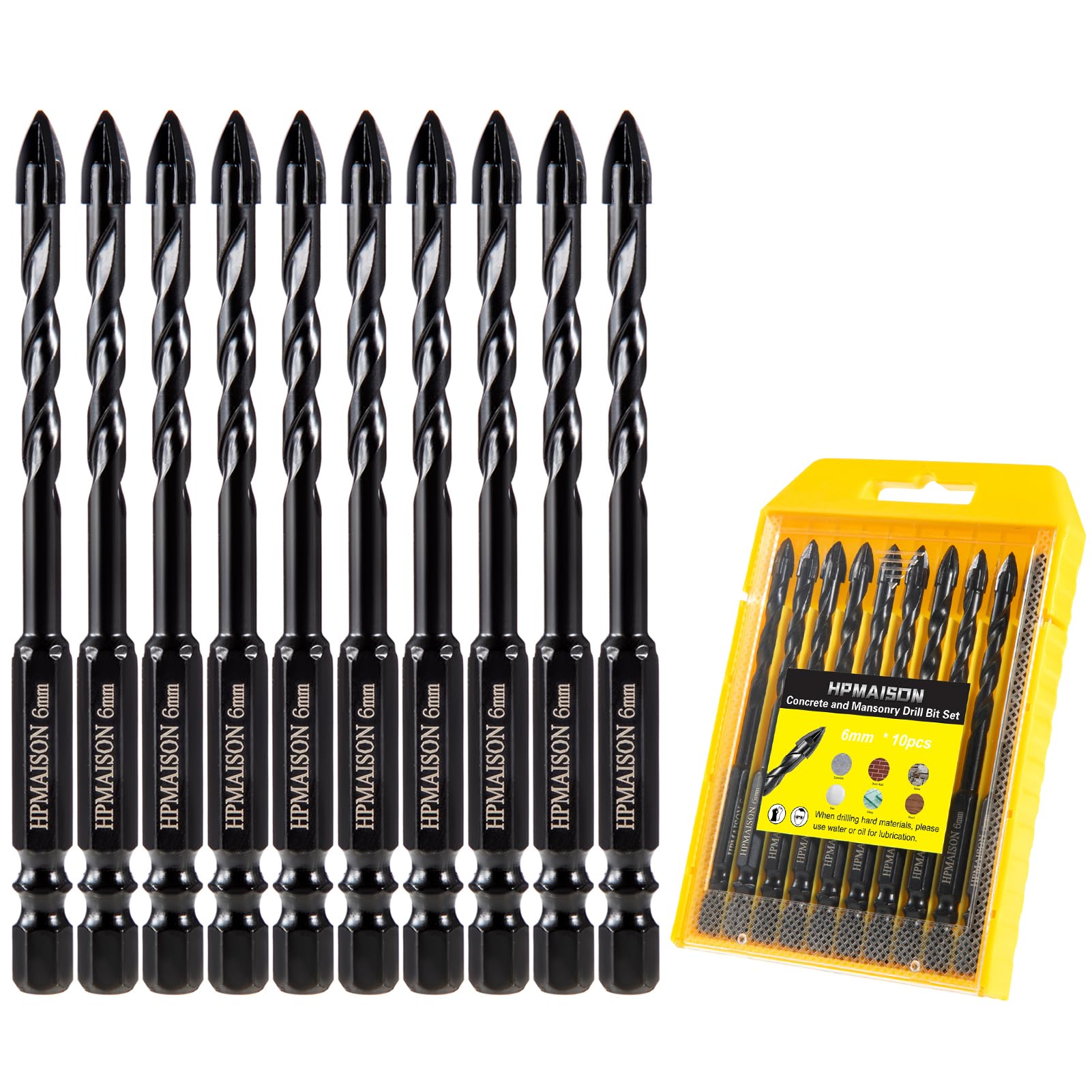 HPMAISON 10Pcs 6mm Masonry Drill Bits, 4-Cutter Tungsten Carbide Tip Drill Bit Set for Drilling Concrete, Tile, Ceramic, Brick Wall, Glass, Wall Mirror, Plastic and Wood