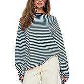 Amiblvowa Women Striped Long Sleeve Top Oversized Graphic Y2k Loose T Shirts Teen Girl Crewneck Baggy Tees Pullover