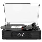 Vinyl Record Player with Built-in Speakers 3-Speed Vintage Record Player Support Treble& Bass Control, 3.5mm Headphone Jack, RCA-Out/Aux in, Belt-Driven LP Turntable,Black Wood