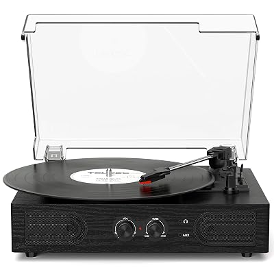 Vinyl Record Player with Built-in Speakers 3-Speed Vintage Record Player Support Treble& Bass Control, 3.5mm Headphone Jack, RCA-Out/Aux in, Belt-Driven LP Turntable,Black Wood