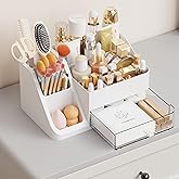 Yieach White Makeup Organizer With Brush Holder,Large Countertop Makeup Organizers for Vanity,Top Dresser and Bathroom,Plastic Cosmetics Storage Organizer with Drawers for Lotion Beauty Hair Product
