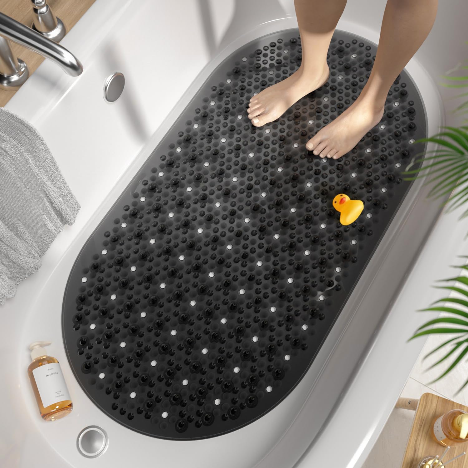 HITSLAM Oval Bath Mat Non Slip Anti Mould, 68 x 38 CM Anti Slip Shower Mat for Bathroom, Machine Washable Bubble Bathtub mat with Suction Cups and Drain Holes, Soft on Feet, Black