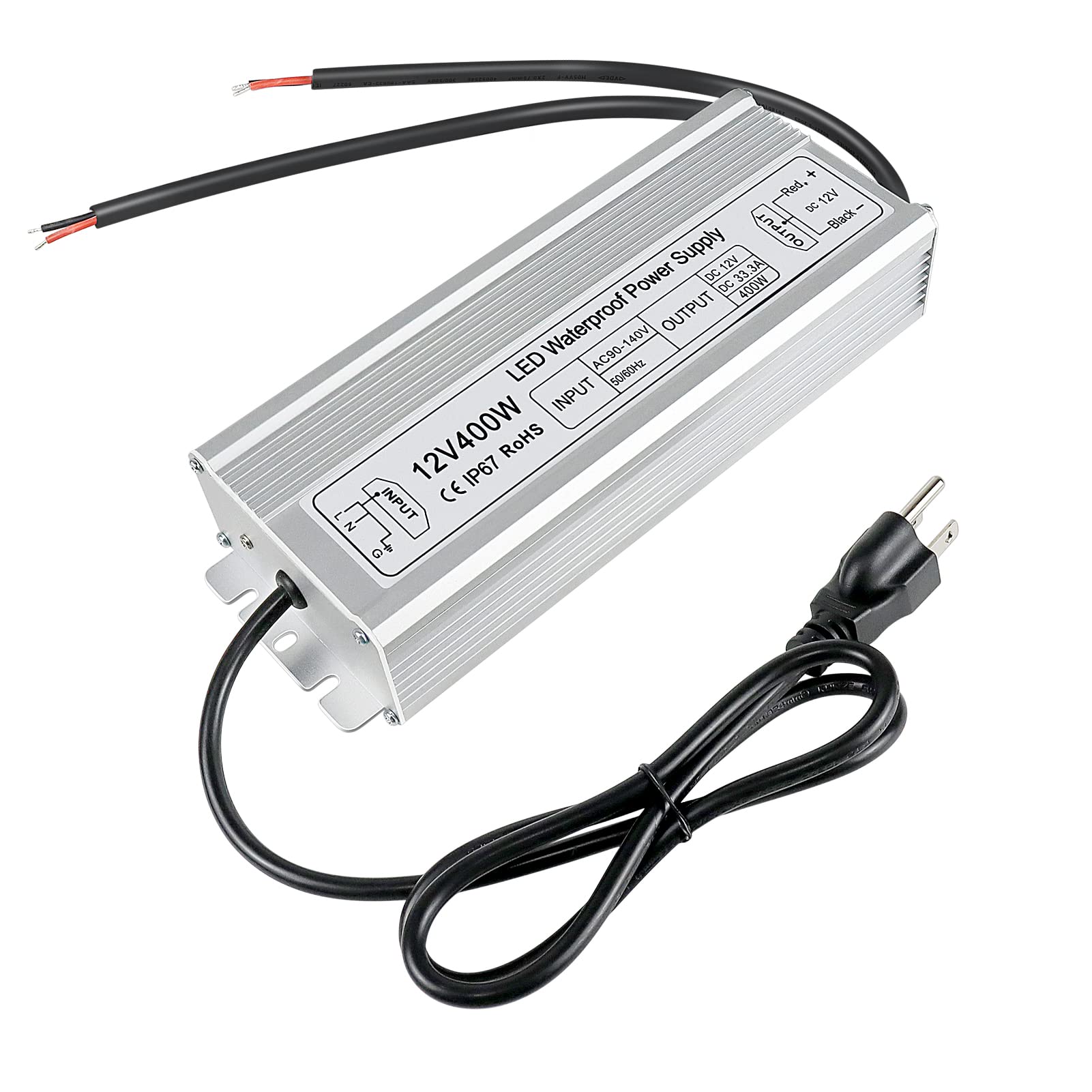 Photo 1 of inShareplus 400W 12V Power Supply, IP67 Waterproof Outdoor LED Driver, AC 90-140V to DC 12 Volt 33.3A Converter, Low Voltage Transformer with 3-Prong Plug for LED Light and Other 12V DC Products