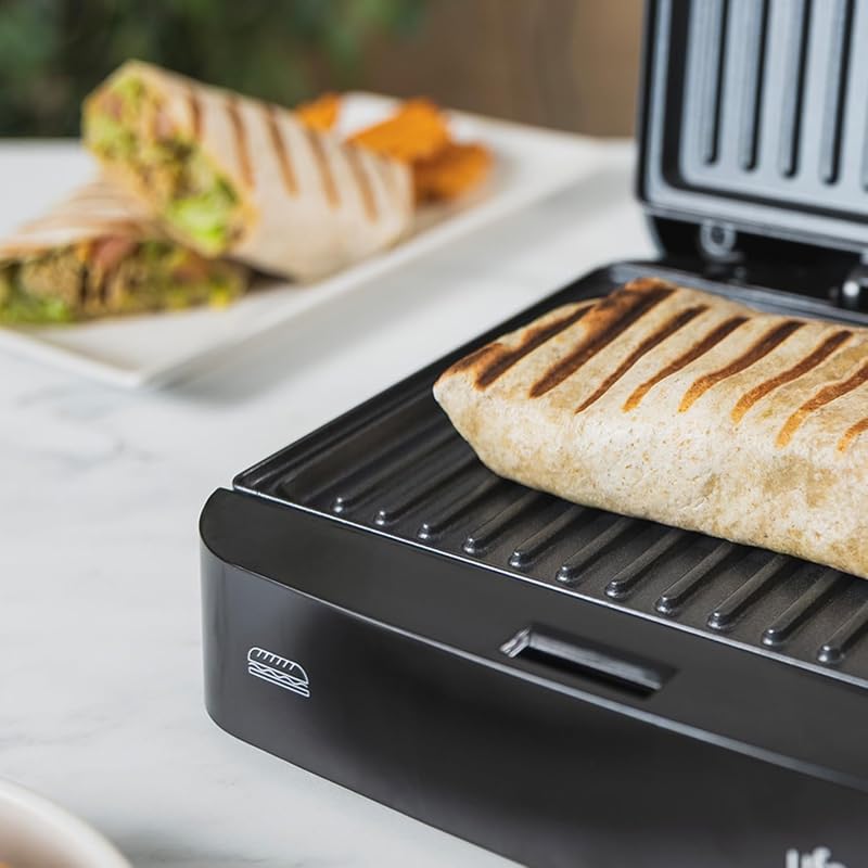 Máquina de sanduíches Thor compacta de 750W, placas de grelha antiaderentes, capacidade de 2 paninis, controlo automático de temperatura, armazenamento vertical, sem PFOA, cozinha saudável, sistema de armazenamento de cabos