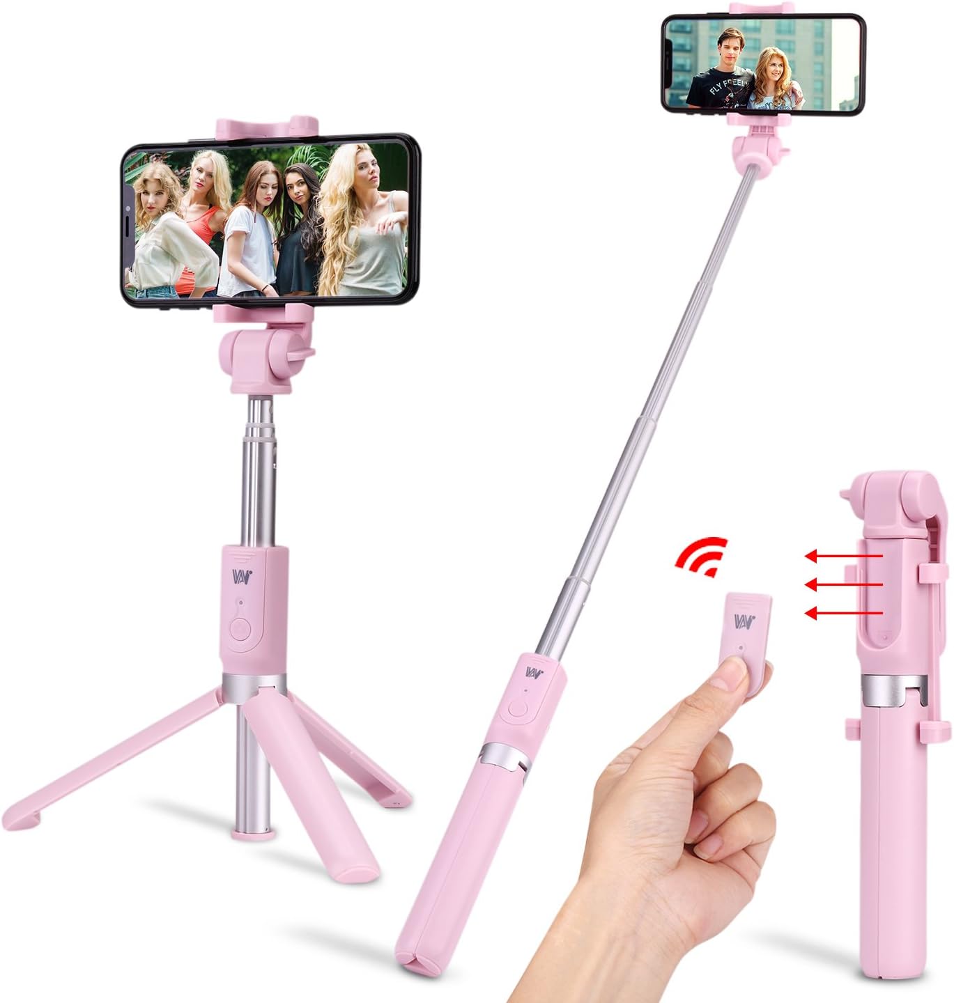 Selfie Stick,Foretoo Extendable Monopod, Rechargerable Bluetooth Remote Shutter,360 Degree Rotation Phone Holder for Mobile Phone& Android Samsung Galax (Pink)