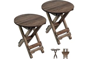 DAXULY Small Patio Table, Outdoor Folding Side Table, Portable Side Table, Small Side Table, Small Coffee End Table, Wood Table Top for Living Room, Bedroom... (Round - Walnut - Set 2)