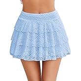 Avidlove Women Pleated Mini Skirt Lace Ruffles Short Skirt High Waisted Floral Layered Skirts