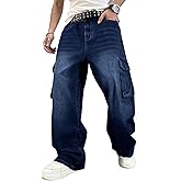 HUNGSON Mens Baggy Cargo Jeans for Men Women Y2k Skater Vintage Plain Pants Casual Wide Leg Jeans Loose Fit Denim Jeans