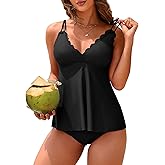 ANFILIA Two Piece Tankini Swimsuits for Women Scallop Trim V Neck Tankini Top with Bottom Tummy Control Bathing Suit