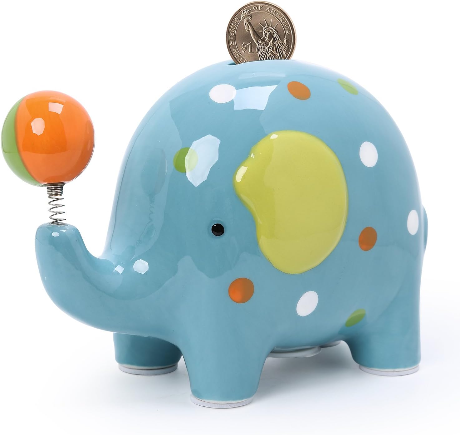 FORLONG Elephant with Interesting Spring Ball Ceramic Piggy Bank Coin Bank Blue