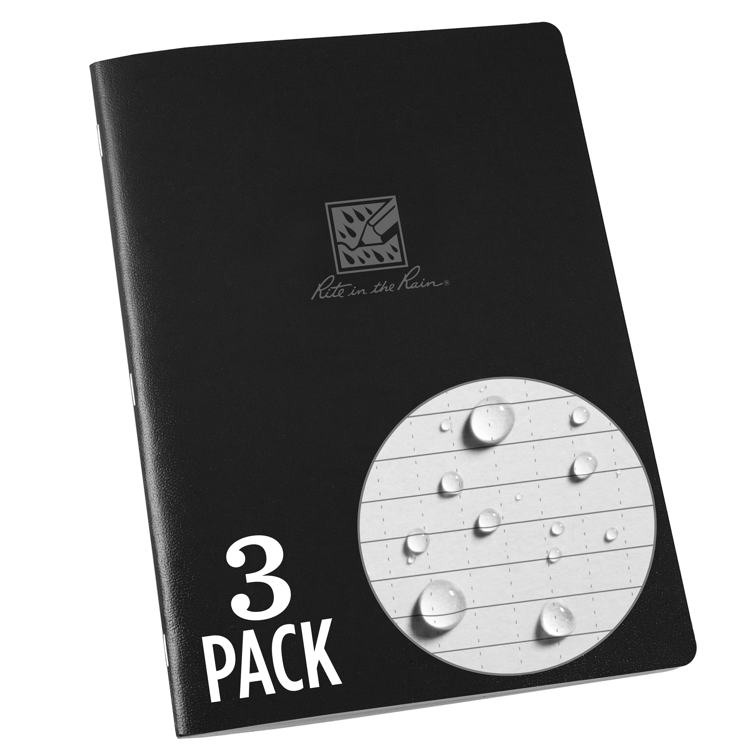 Rite in the Rain Single LG Stapled Notebook, 6.625" x 8.5", Black Cover, Universal Pattern, 3 Pack (No. 771-LGL3)