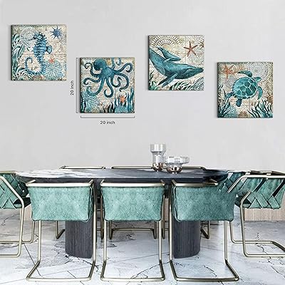 Buy Bathroom Decor Wall Art Beach Theme Decor Accessories Teal Nautical Canvas Prints Picture Kitchen Bedroom Living Room Home Decoration 4 Pcs Sets Coastal Sea Turtle Seahorse Octopus Ocean Painting 12x12 Online In