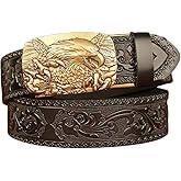 HYJTYA Men's Genuine Leather Ratchet Adjustable Belt 3D Eagle Sliding Buckle Vintage Leather Engraved Dress Casual Belt