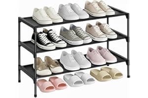 LOAKEKEL Shoe Rack, Non-Woven Fabric Portable 3 Tier Shoe Organizer, up to 12-16 Pairs, Stackable Shoe Storage Shelf for Clos