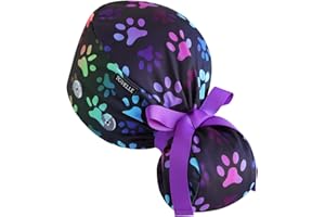 TOVELLE Ponytail Scrub Cap for Women – Black Rainbow Paw Surgical Cap with Buttons, Sweatband & Double-Sided Print, Adjustable Surgical Hat for Women to Secure Long Hair and Helps Reduce Static Buildup