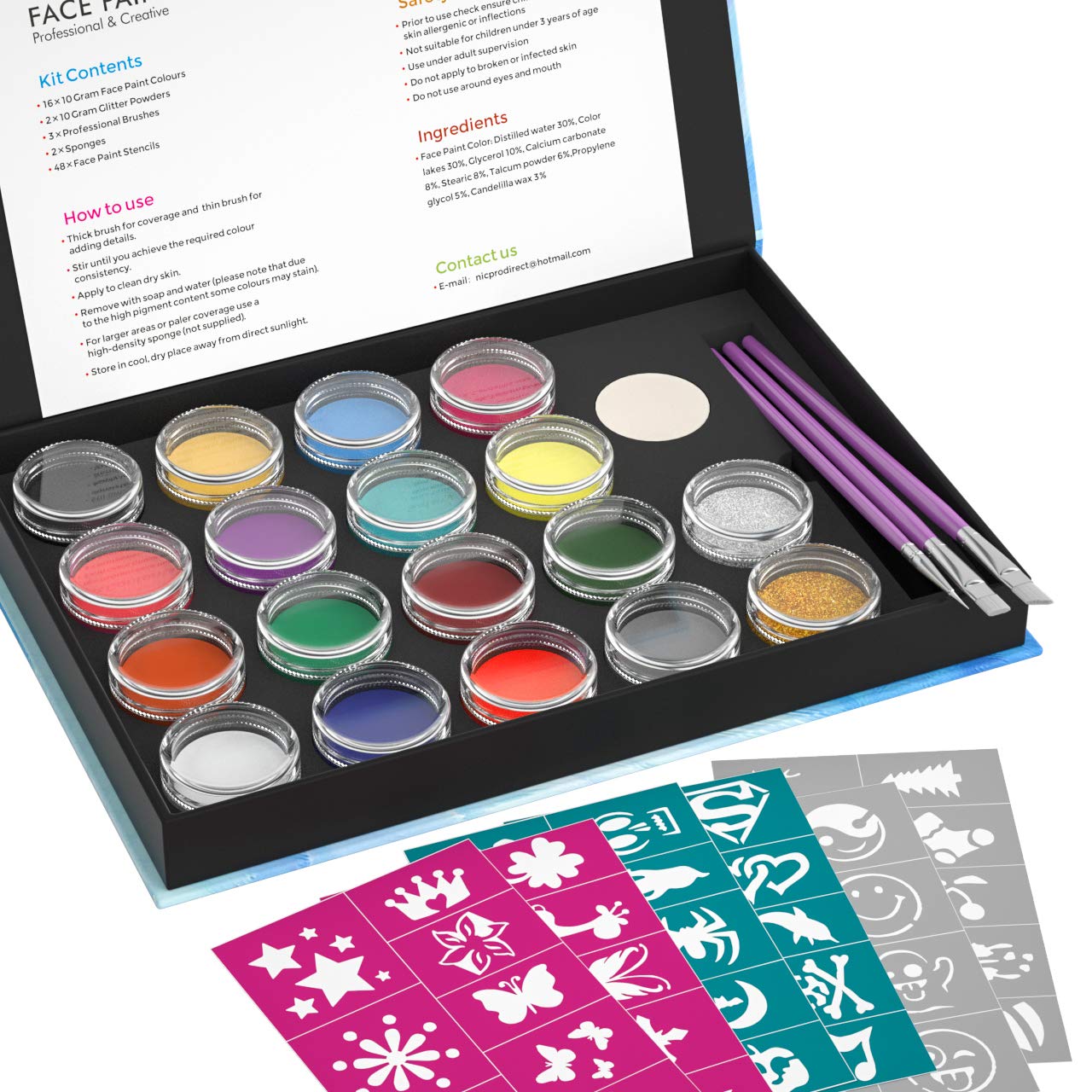 Face Paint Kit with 48 Stencils, Nicpro AQ Pro Body Painting Set of 16 Colors & 2 Glitters 3 Assorted Paint Brushes 2 Sponges Non-toxic Water-Based