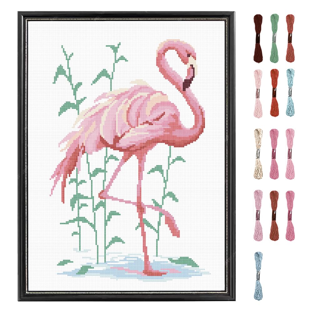 FREEBLOSS Flamingo Cross Stitch Kit: 13x17 inches Materials, Cross Stitch Kit for Adults, No Frame, Wall Hanging