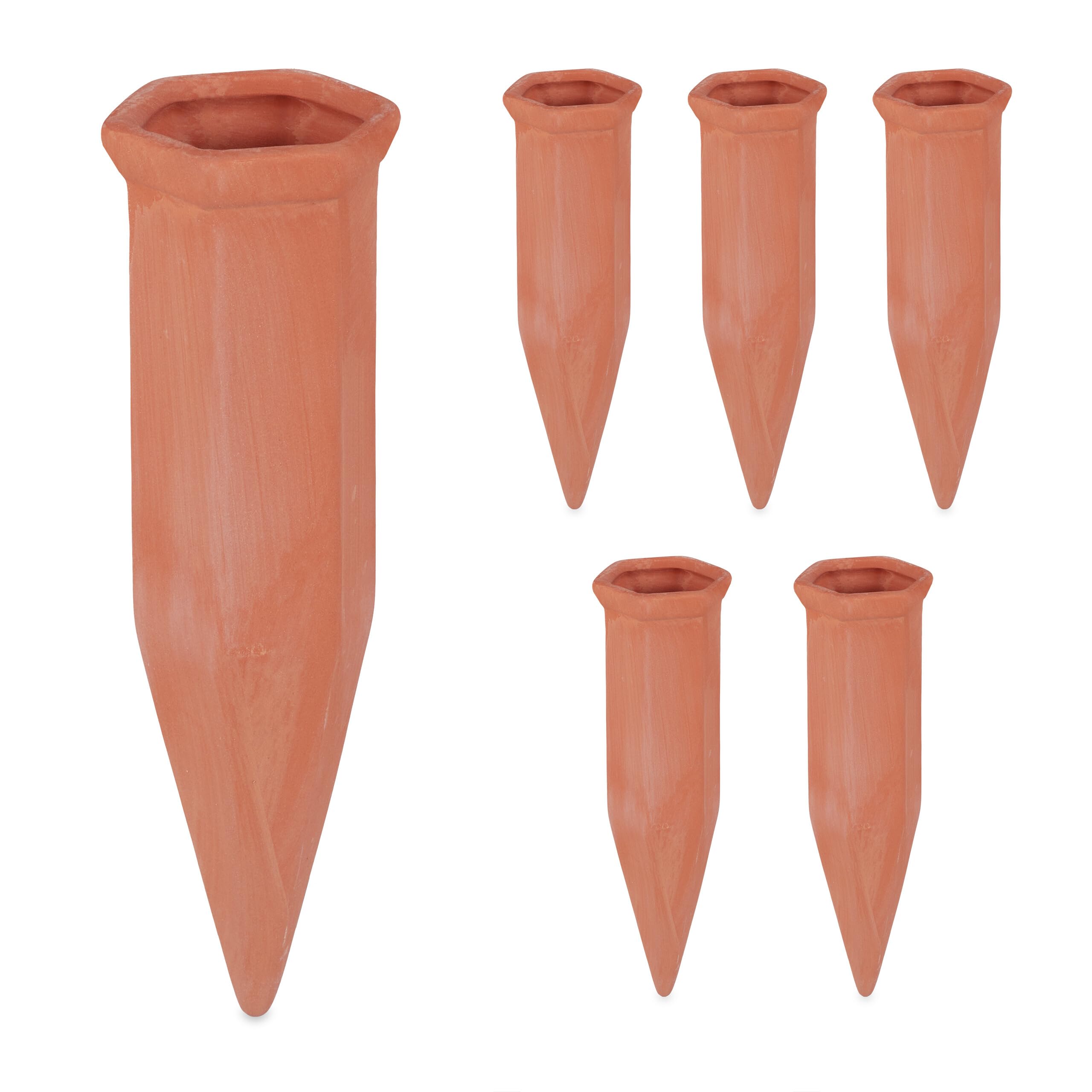 Relaxdays Clay Watering Spikes, Set of 6, Stakes for 1.5 L Plastic Bottes, for Plant Pots & Balcony Beds, Terracotta