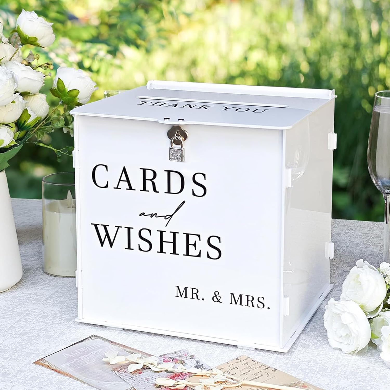 Photo 1 of SOFARKKT White Acrylic Card Box with Slot & Lock, DIY Large Wedding Card Boxes for Reception, Elegant Money Envelop Card Box for Party Wedding Birthday Baby Shower Graduation Table Decor
