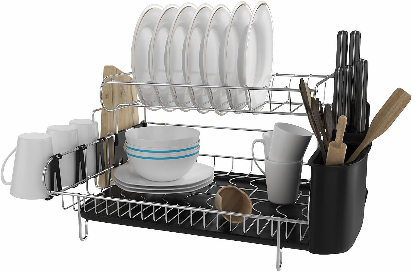 Cosway 2-Tier Dish Rack and Drainboard 304 Stainless Steel Kitchen Dish Drainer Drying Rack Large Capacity with Microfiber Mat Utensil Holder