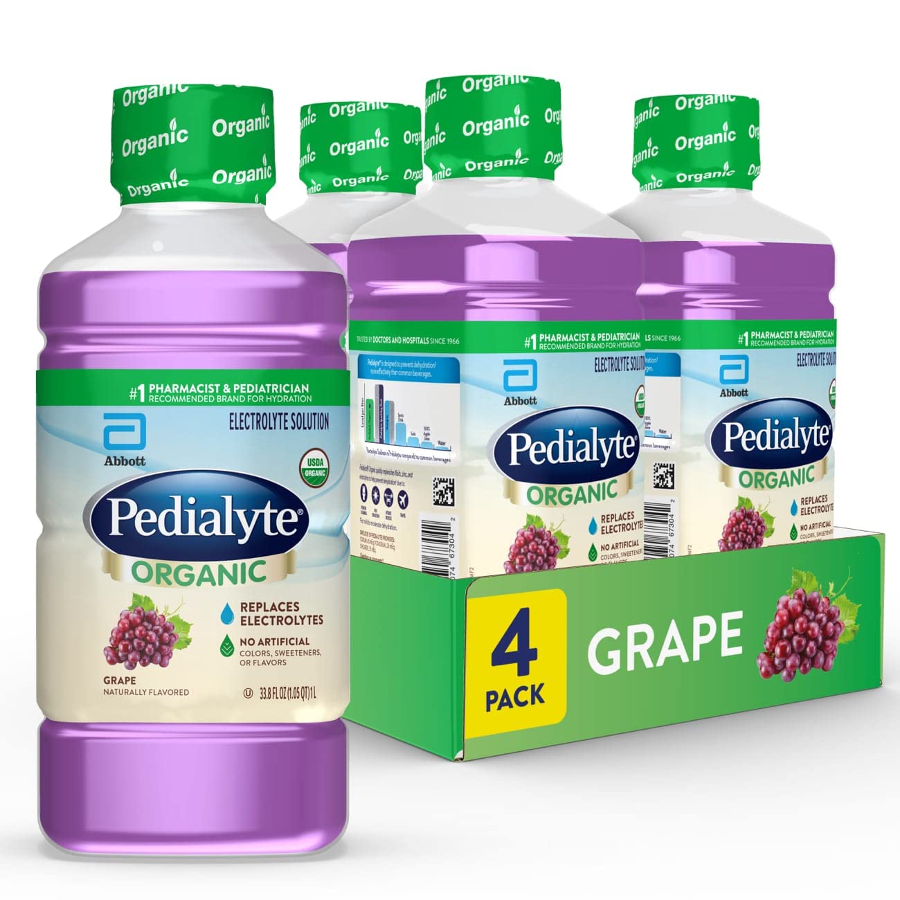 Photo 1 of Pedialyte Organic Electrolyte Drink, Advanced Hydration for Kids & Adults, With Zinc for Immune Support, Grape, 1 Liter 33.8 Fl Oz (Pack of 4)