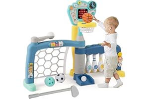 OLAKIDS Toddler Basketball Hoop, 5 in 1 Adjustable Baby Sports Activity Center Soccer Bowling Baseball Golf Set, Indoor Outdo