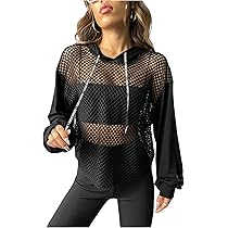 トップス short long sleeves mesh hoodie Women Long Sleeve Mesh Fishnet Hoodie Crop Top Neon Solid