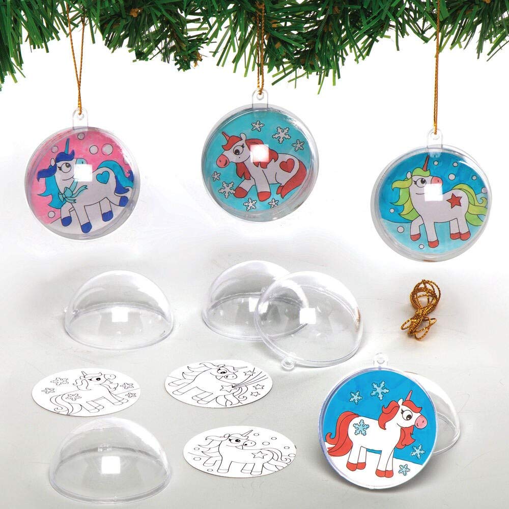 Baker Ross Festive Unicorn Colour in Baubles – Pack of 8, Bauble Craft Kits for Kids, Make Your Own Christmas Decorations (AX555) — image 1