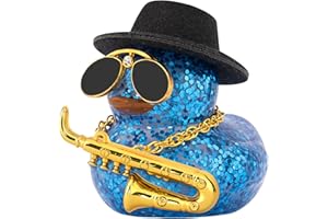 wonuu Car Decoration Saxophone Rubber Ducks, Dashboard Decor Duck Car Ornaments with Mini Top Hat Necklace Sunglasses, Dark Blue