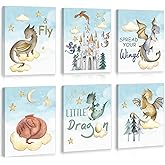CHDITB Dinosaur Canvas Wall Art Nursery Wall Decor, Set of 6(8x10 inch) Cute Dream Dinosaur Cub Framed Art Prints, Baby Dinosaurs Cartoon Castle Animals Poster For Children's Boy Kids Room Bedroom